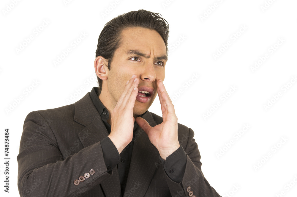 handsome young man wearing a suit posing screaming handsome young man wearing a suit posing screaming