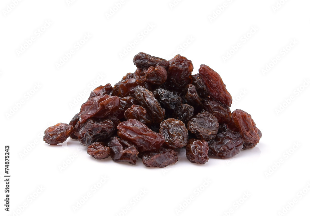 Dried raisins on a white background