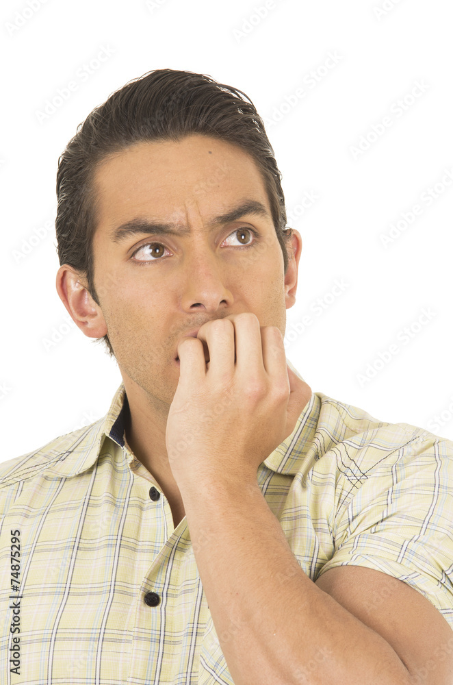 young handsome hispanic man posing scared covering mouth young handsome hispanic man posing scared covering mouth