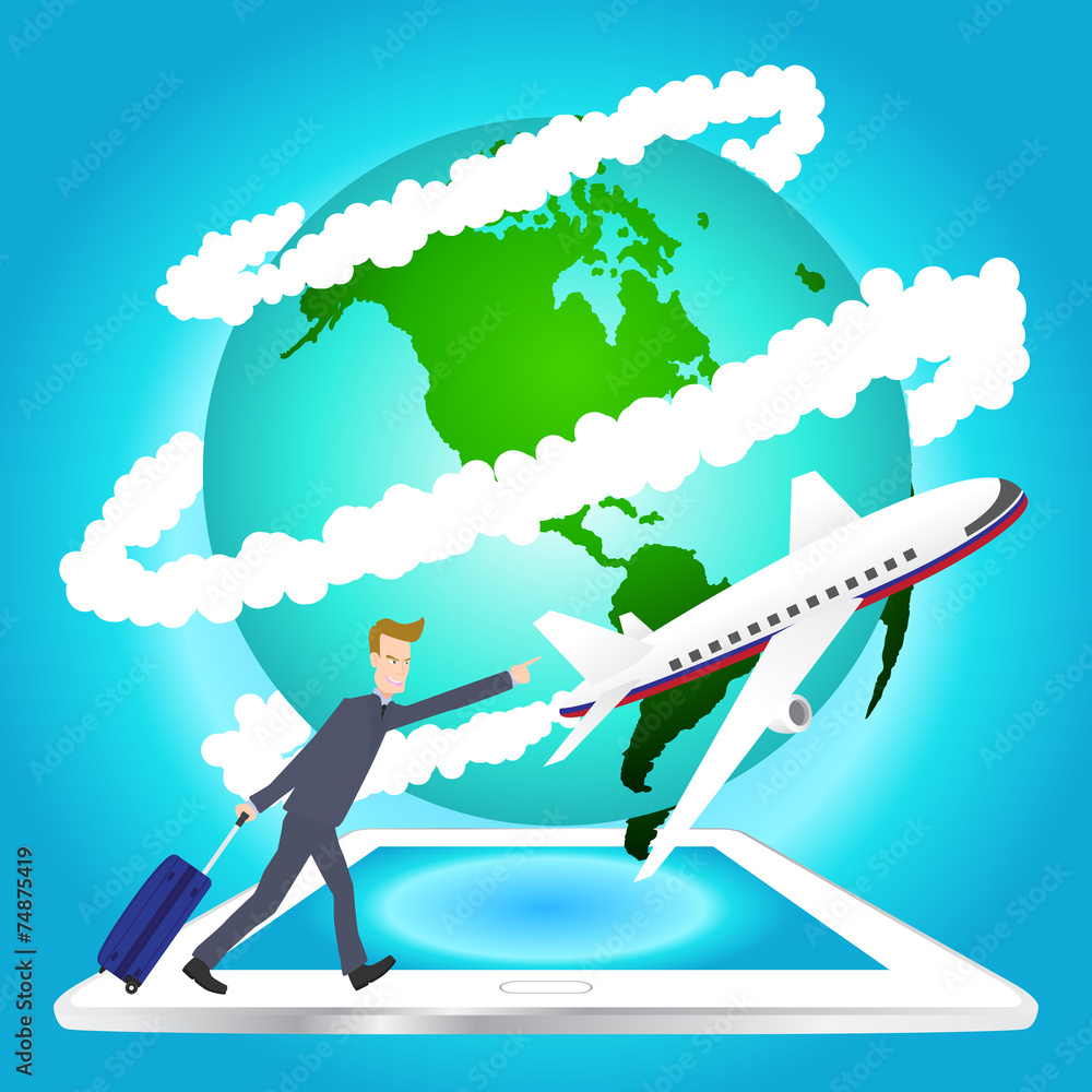 airplane travel around the world on tablet,map by NASA airplane travel around the world on tablet,map by NASA