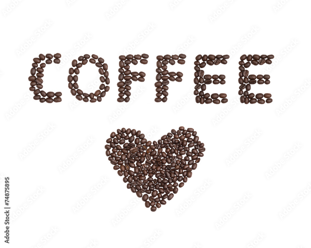 Coffee Written with Coffee Beans with a love heart underneath Coffee Written with Coffee Beans with a love heart underneath