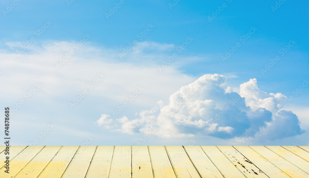 clear blue sky and wood floor, background clear blue sky and wood floor, background