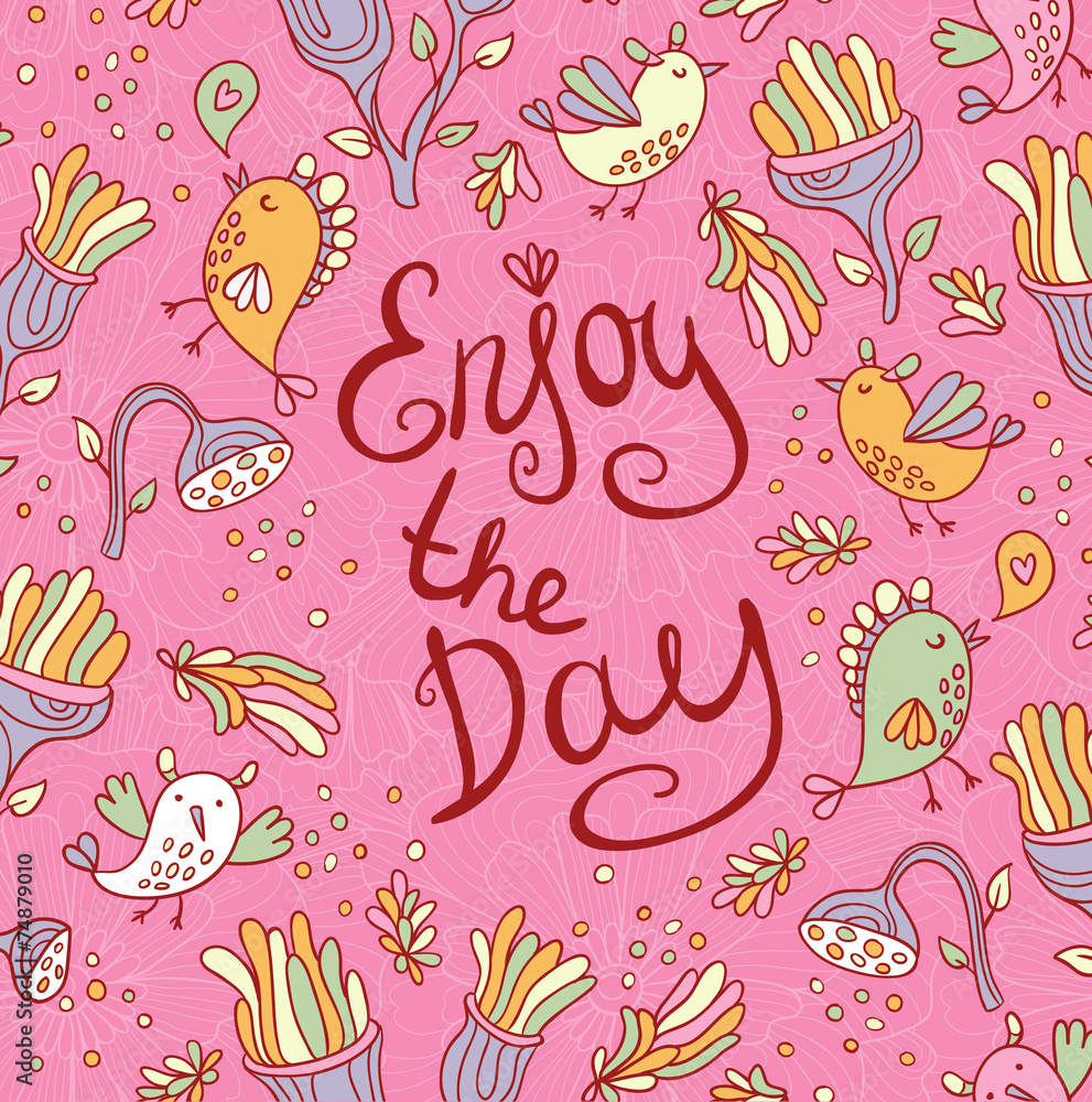 Bright fantastic background with flowers and space birds. Bright fantastic background with flowers and space birds.