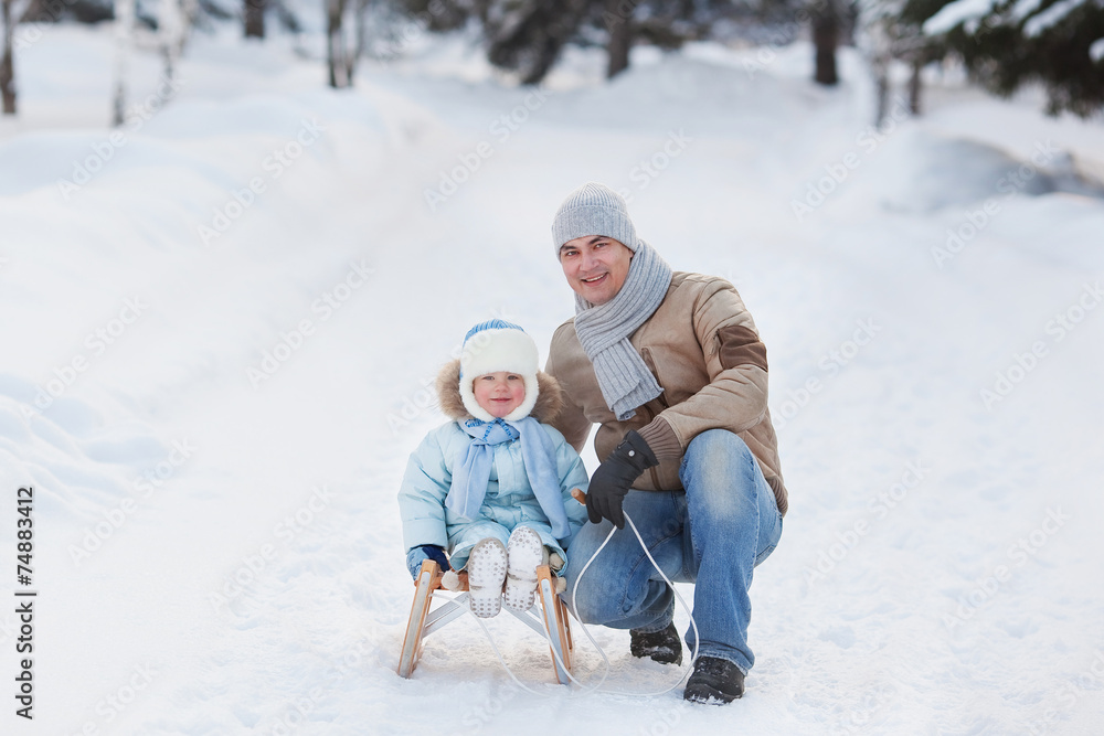 Portrait of Father with Her Child in Winter Park