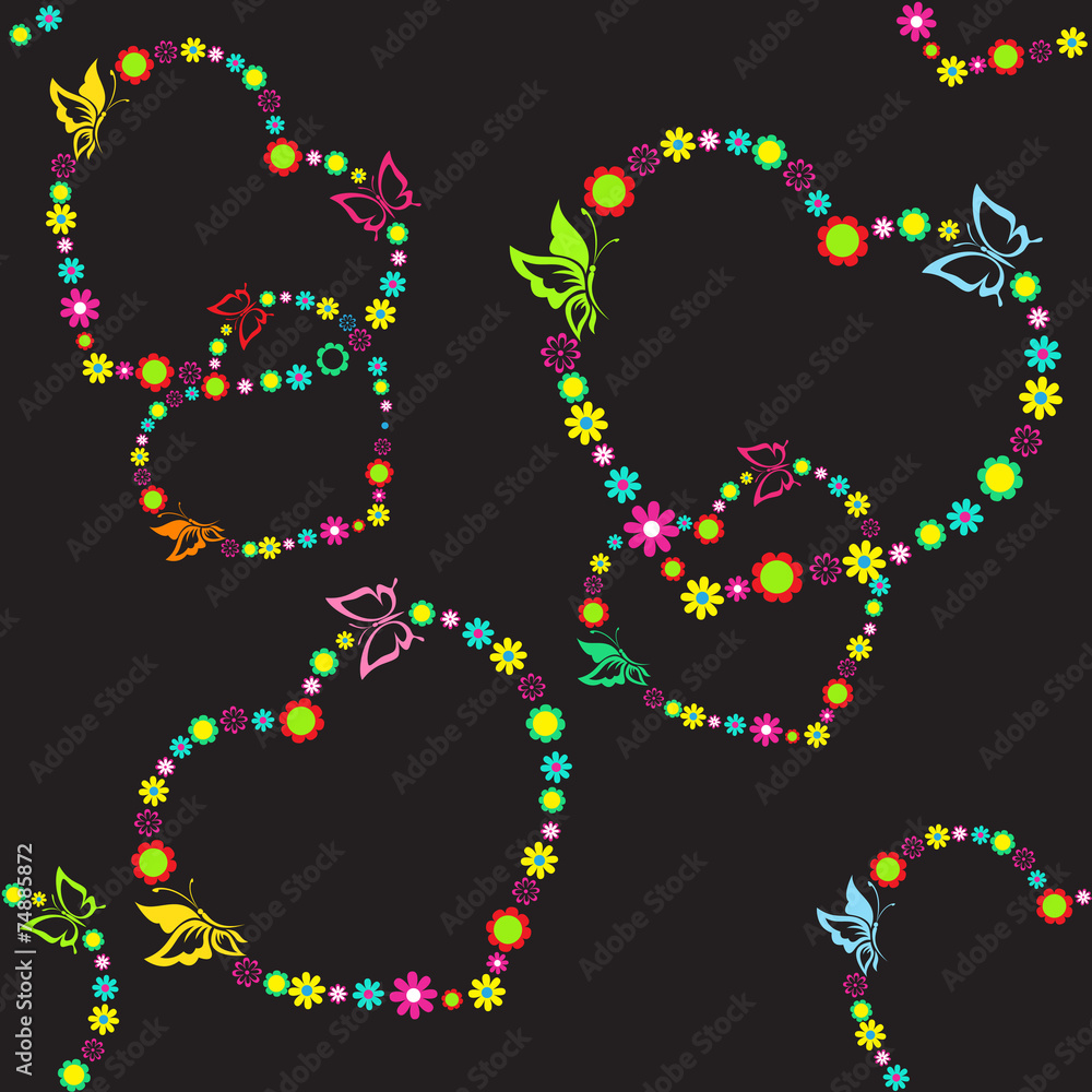 Seamless vector pattern with butterflies and flowers on a black