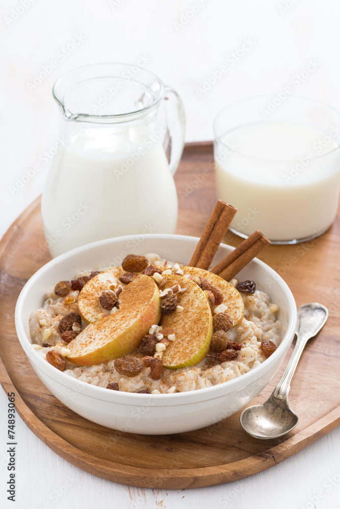 healthy breakfast - oatmeal with apples, raisins, cinnamon healthy breakfast - oatmeal with apples, raisins, cinnamon