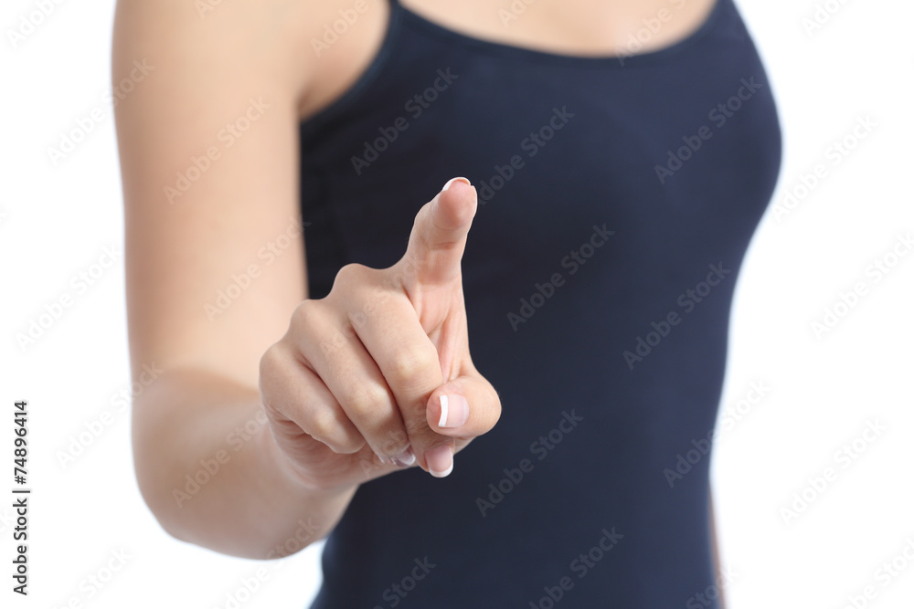 Close up of a casual woman hand checking a virtual button Close up of a casual woman hand checking a virtual button