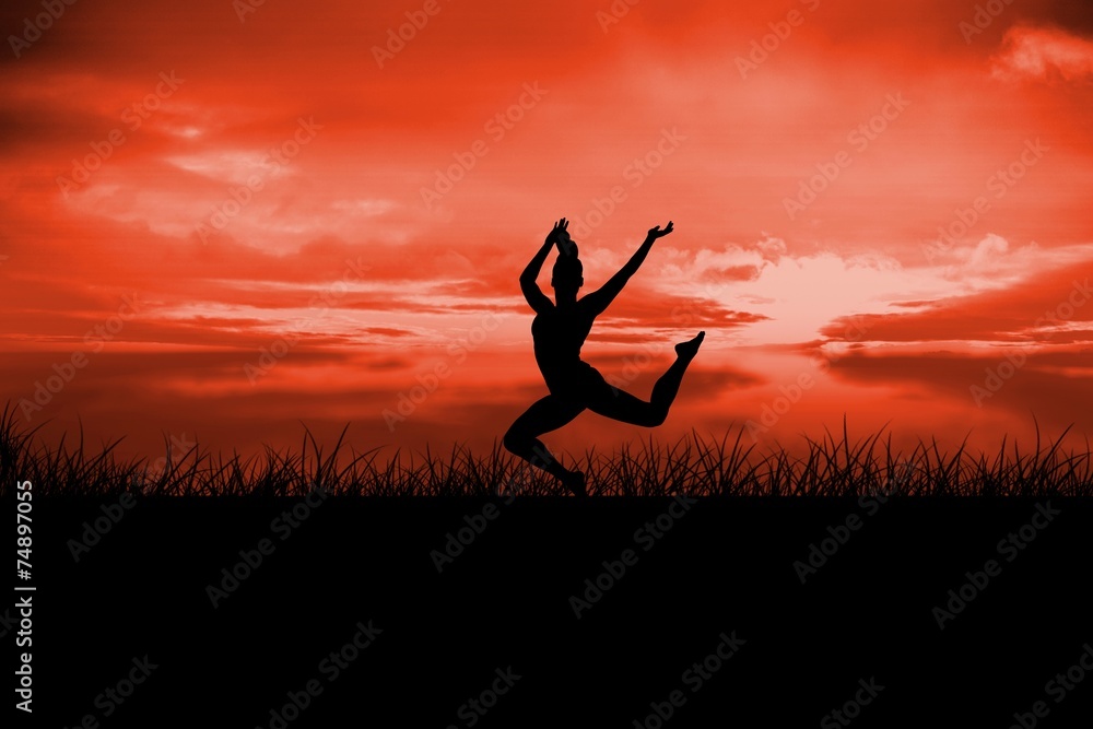 Composite image of fit brunette jumping and posing