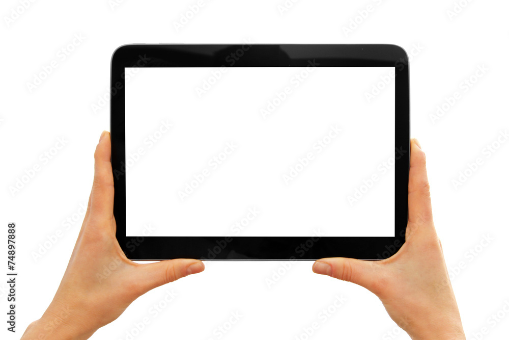 hands holding blank digital tablet isolated on white hands holding blank digital tablet isolated on white