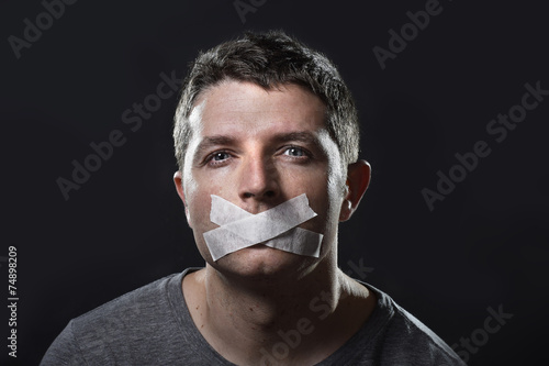 Принти на полотні young man mouth sealed on tape censored freedom speech concept