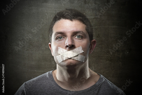 Canvastavla attractive censored man mouth tape sealed freedom speech concept