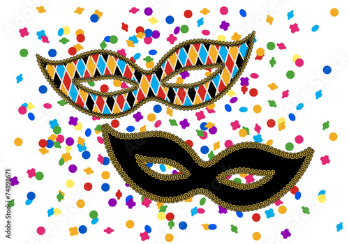 Two eye masks and confetti on white background