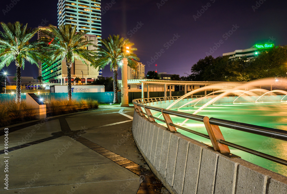 The Friendship Fountains and buildings at night in Jacksonville,