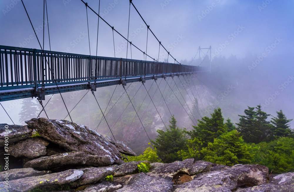 The Mile-High Swinging Bridge in fog, at Grandfather Mountain, N