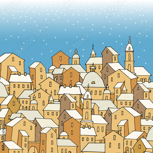 Cartoon hand drawing city, winter, vector