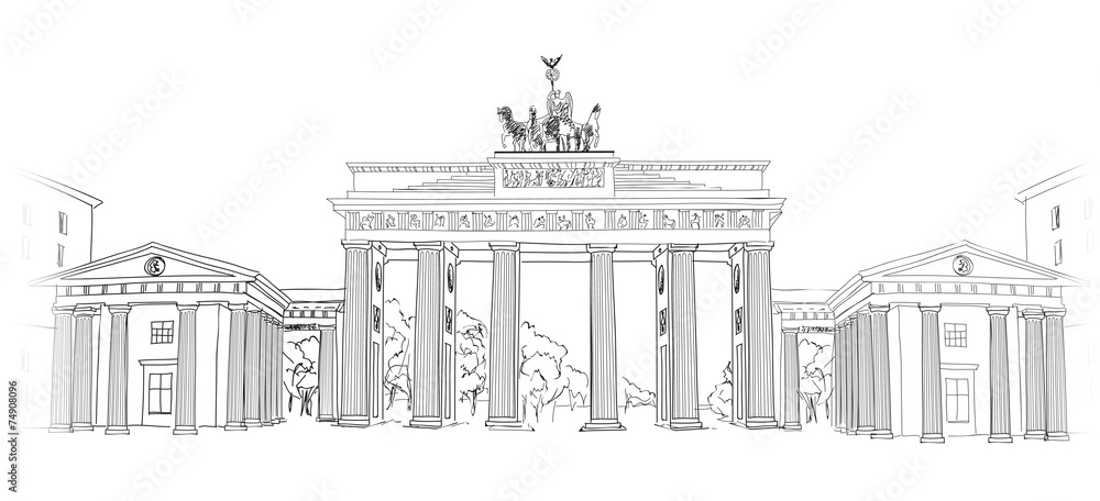 Naklejka premium The Brandenburg gate. Berlin arch symbol. Hand drawn pencil sketch vector illustration isolated on white background 