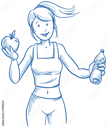 Happy young fitness woman, apple and water, hand drawn vector