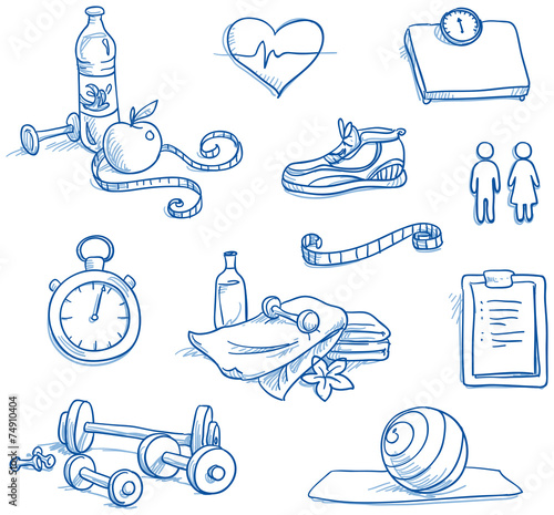 Icon set fitness, with weights, water, hand drawn vector