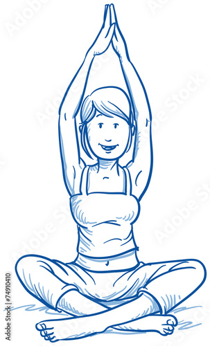 Happy young woman doing yoga, fitness, hand drawn vector
