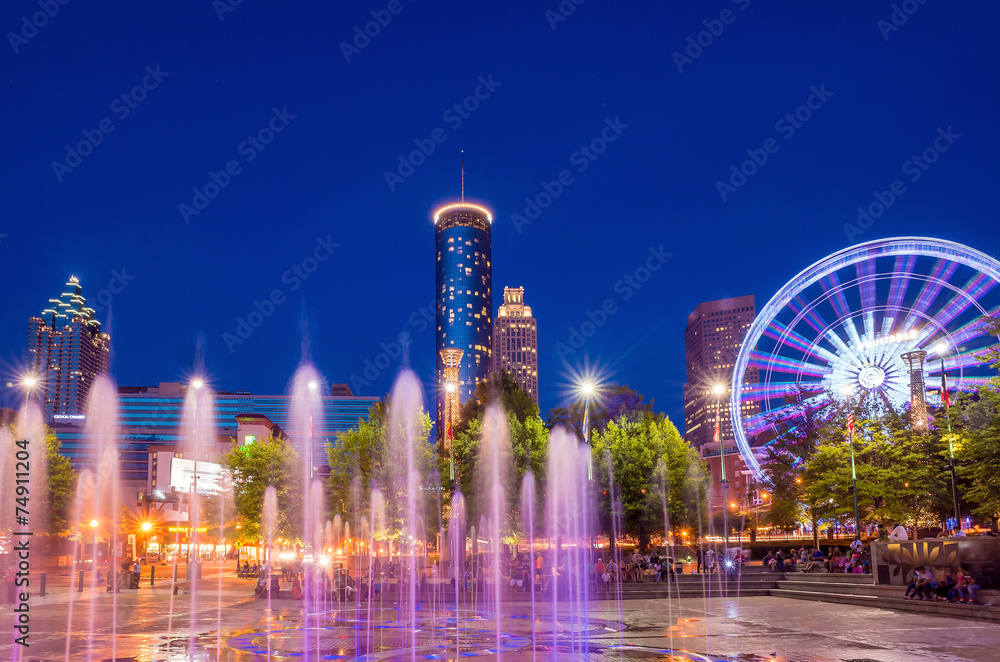 Fototapeta premium Centennial Olympic Park in Atlanta during blue hour after sunset