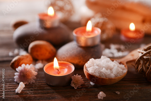 Composition of spa treatment on wooden background