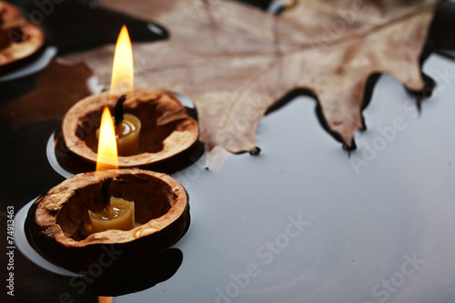 Foto Leaf and nutshells with candles floating in water