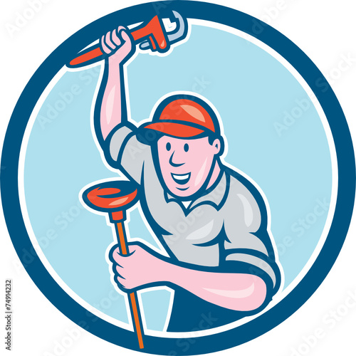 Plumber Holding Wrench Plunger Circle Cartoon
