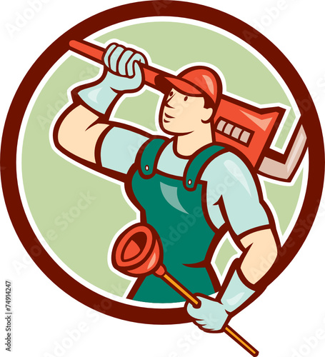 Plumber Holding Wrench Plunger Circle Cartoon