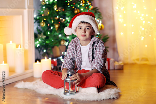 Little boy sitting near fir...