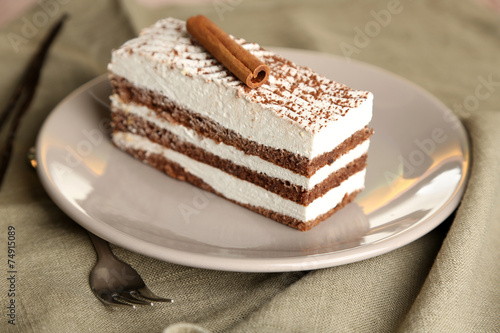 Tasty tiramisu cake on plate, close up
