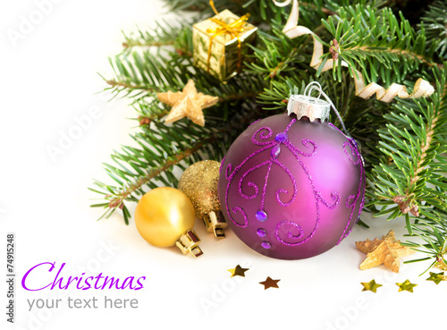 Purple and golden Christmas ornaments border