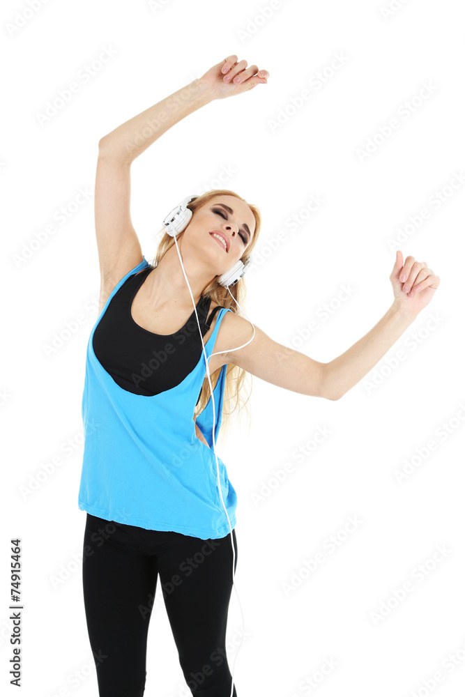 Hip hop dancer with headphones dancing isolated on white Hip hop dancer with headphones dancing isolated on white