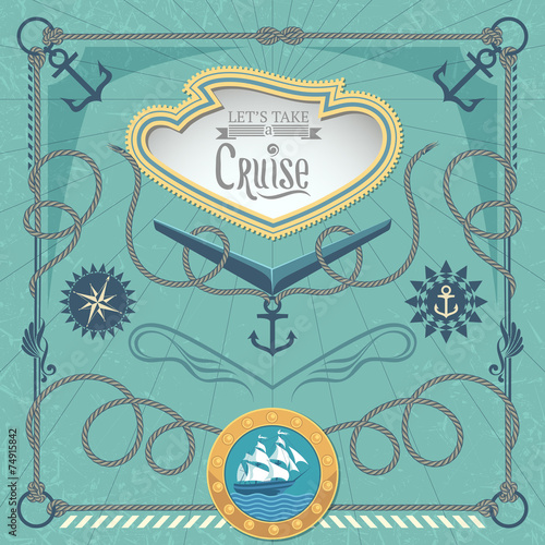 Marine Background with Frame of Ropes and Vintage Decor