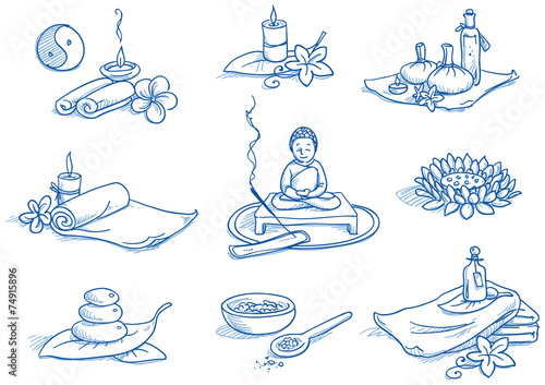 Icon set wellness, spa, meditation, hand drawn doodle 