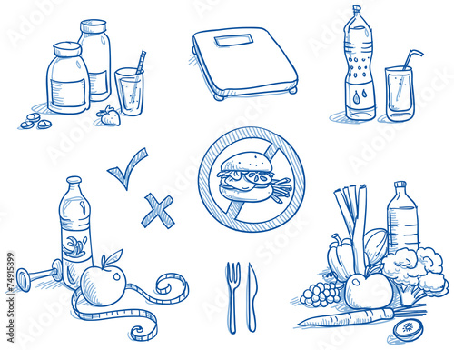 Icon set healthy food nutrition, water, apple, hand drawn vector