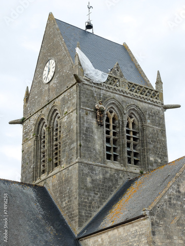 Paratrooper dummy on St Mere Eglise bell tower, Normandy photo