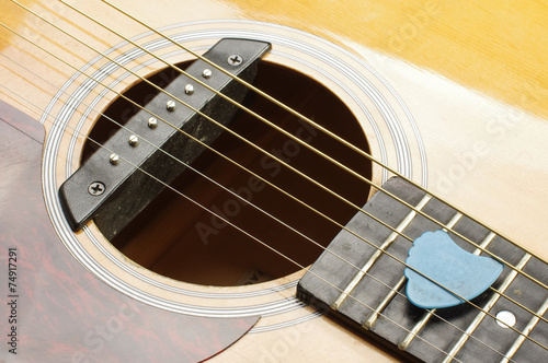 Guitar sound hole and blue guitar pick