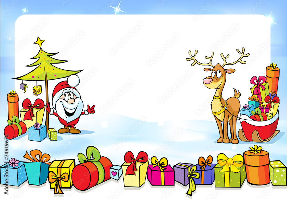 Obraz premium christmas frame with Santa Claus, sleights many gifts