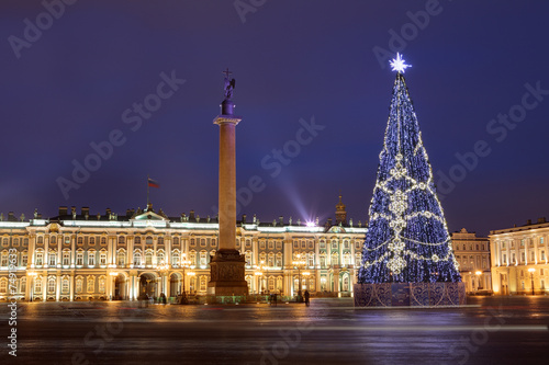 Russia, Saint-Petersburg, Christmas tree lighting at night, near