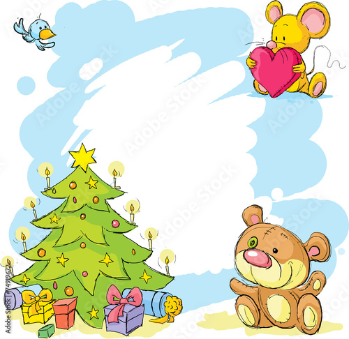 christmas frame with teddy bear  cute mouse and bird