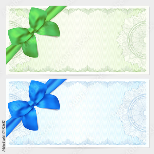 Gift certificate / Voucher / Coupon with bow. Guilloche pattern