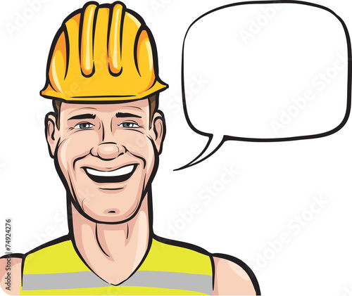 Cartoon smiling construction worker with speech bubble