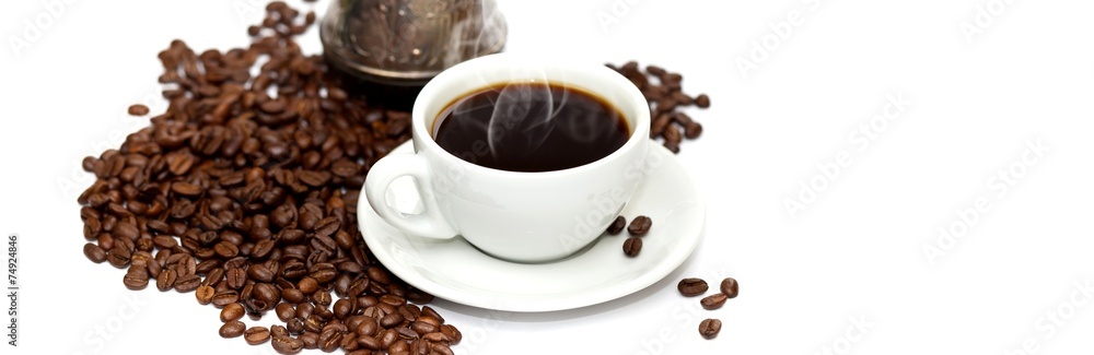 Coffee cup and beans on a white background. Coffee cup and beans on a white background.