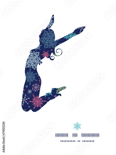 Vector snowflakes on night sky jumping girl silhouette pattern