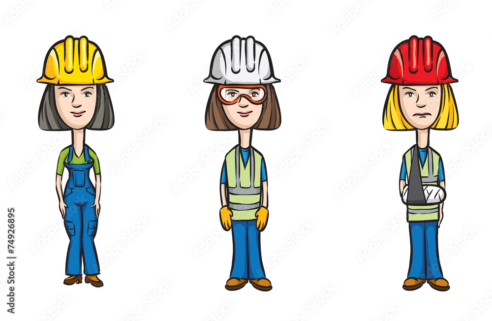 three cartoon women workers with hardhats three cartoon women workers with hardhats