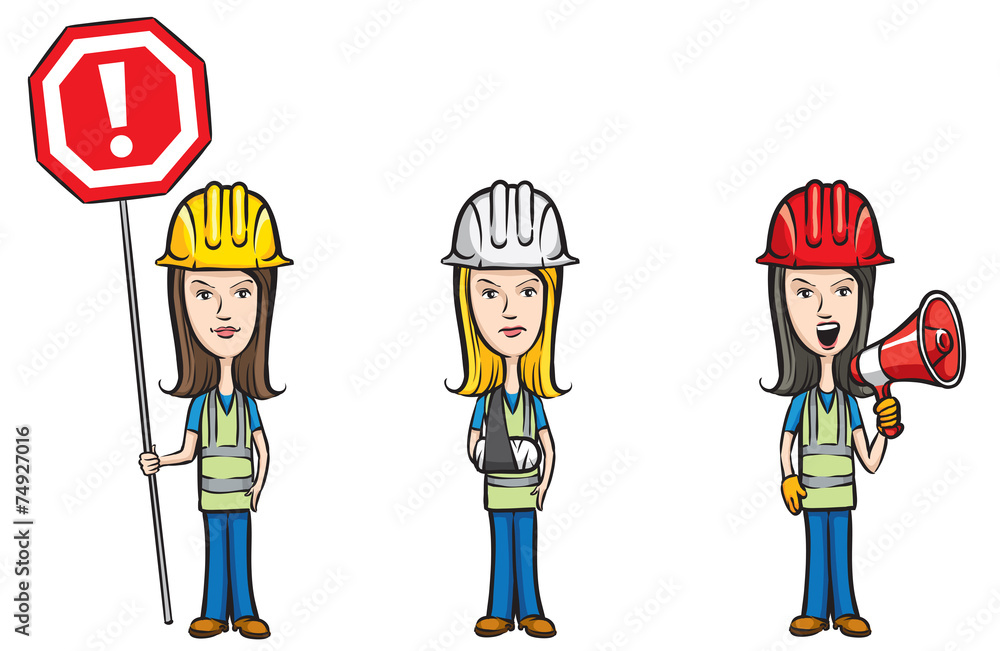 three cartoon women workers with sign injured megaphone three cartoon women workers with sign injured megaphone