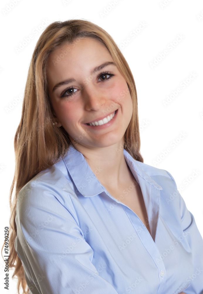 Portrait einer Sekretärin mit langen blonden Haaren Portrait einer Sekretärin mit langen blonden Haaren