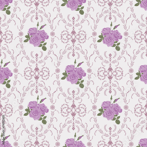 Beautiful seamless rose pattern with baroque background ornament