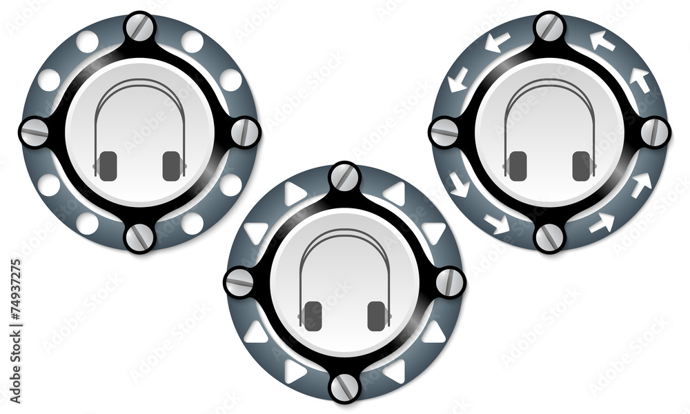 Set of three icons with perforated ring and headphones Set of three icons with perforated ring and headphones