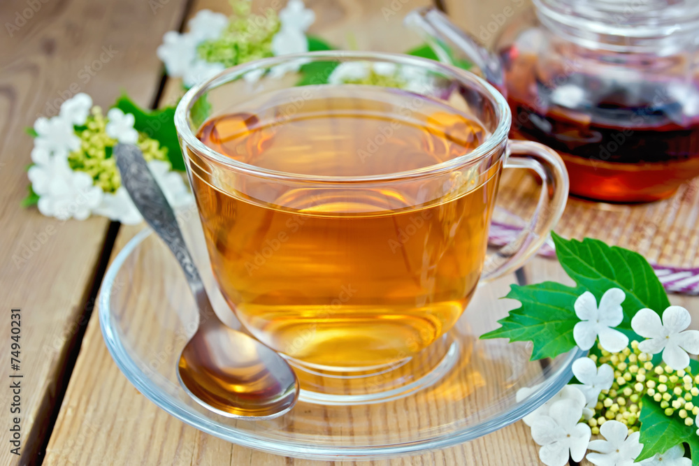 Tea from flowers of viburnum on wooden board Tea from flowers of viburnum on wooden board